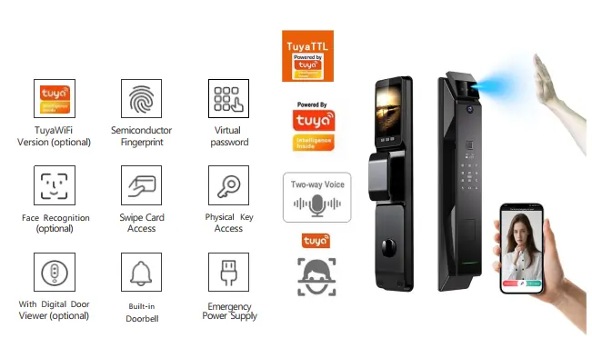 Serrure intelligente F017 Tuya TTL noire avec double caméra, Palm Vein sans contact, reconnaissance faciale, video intercom, Two-way Voice et contrôle smartphone – Smart Lock Connectée Premium