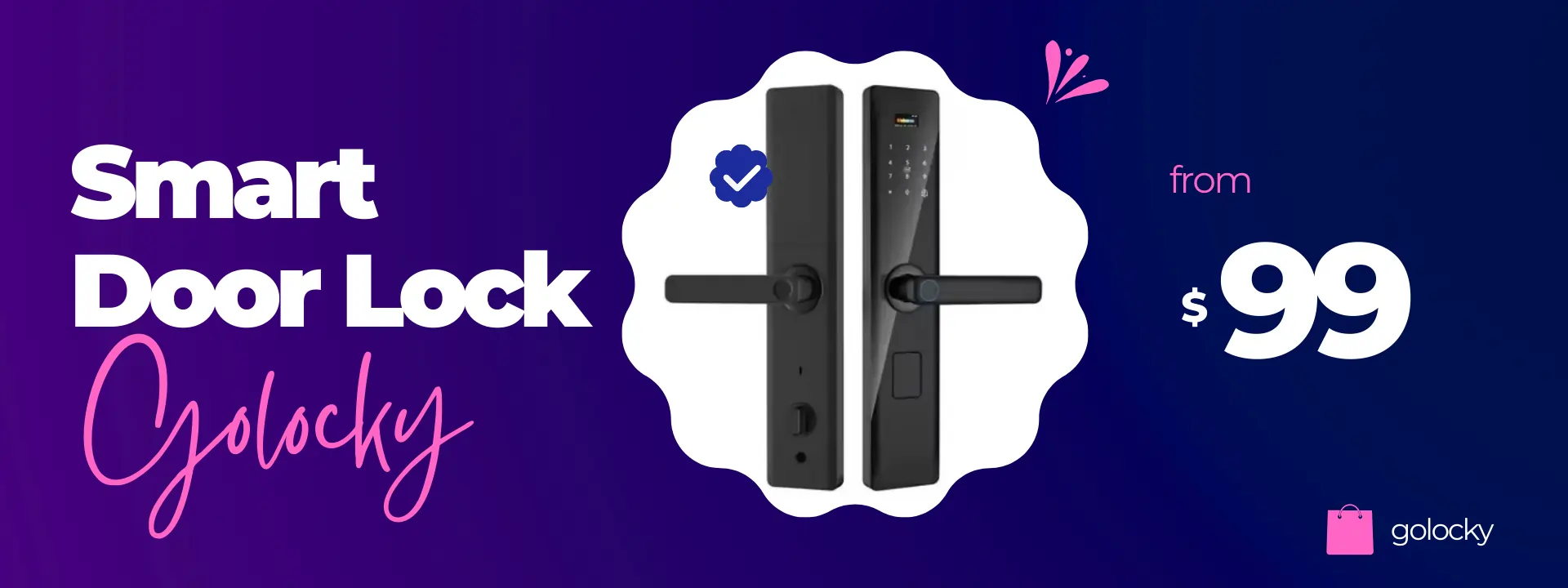 Bannière promotionnelle Golocky Smart Door Lock — serrure connectée noire avec empreinte digitale et clavier tactile à partir de 99$ — marque certifiée
