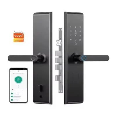 Serrure connectée Tuya mortise noire vue éclatée avec mécanisme multi-points, clavier tactile numérique, lecteur d'empreinte digitale LED bleue, poignées noires et application smartphone Tuya Smart