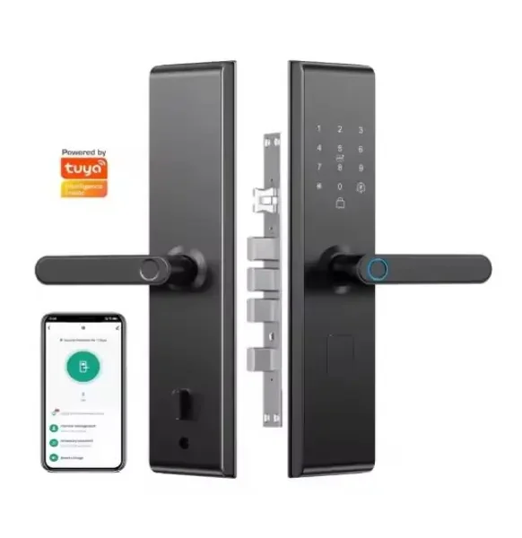 Serrure connectée Tuya mortise noire vue éclatée avec mécanisme multi-points, clavier tactile numérique, lecteur d'empreinte digitale LED bleue, poignées noires et application smartphone Tuya Smart