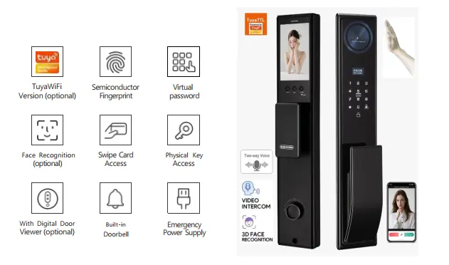 Serrure intelligente Tuya avec reconnaissance faciale 3D, empreinte digitale et visiophone intégré sur porte noire.