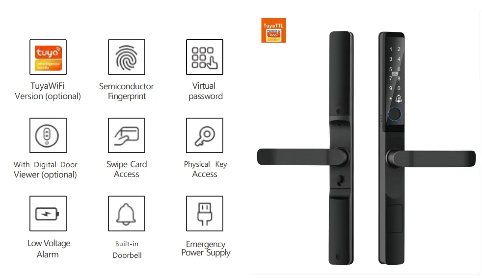 Serrure connectée Tuya Smart Lock noire avec lecteur d'empreinte digitale, clavier tactile et accès carte RFID