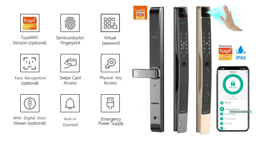 Serrure connectée Tuya TTL IP65 disponible en noir, argent et or avec reconnaissance faciale 3D, empreinte digitale, clavier tactile et contrôle via application smartphone Smart Life