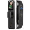 Serrure connectée porte d'entrée F005 — Serrure intelligente F005 noire avec écran reconnaissance faciale, anneau lumineux bleu, clavier numérique et lecteur d'empreintes – Smart Lock Design Premium