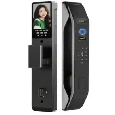 Serrure intelligente F005 noire avec écran reconnaissance faciale, anneau lumineux bleu, clavier numérique et lecteur d'empreintes – Smart Lock Design Premium