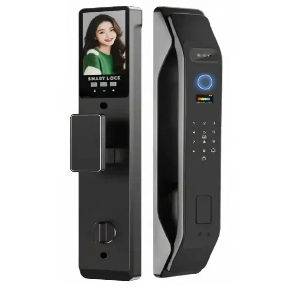 Serrure intelligente F005 noire avec écran reconnaissance faciale, anneau lumineux bleu, clavier numérique et lecteur d'empreintes – Smart Lock Design Premium