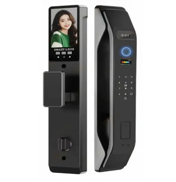 Serrure intelligente F005 noire avec écran reconnaissance faciale, anneau lumineux bleu, clavier numérique et lecteur d'empreintes – Smart Lock Design Premium