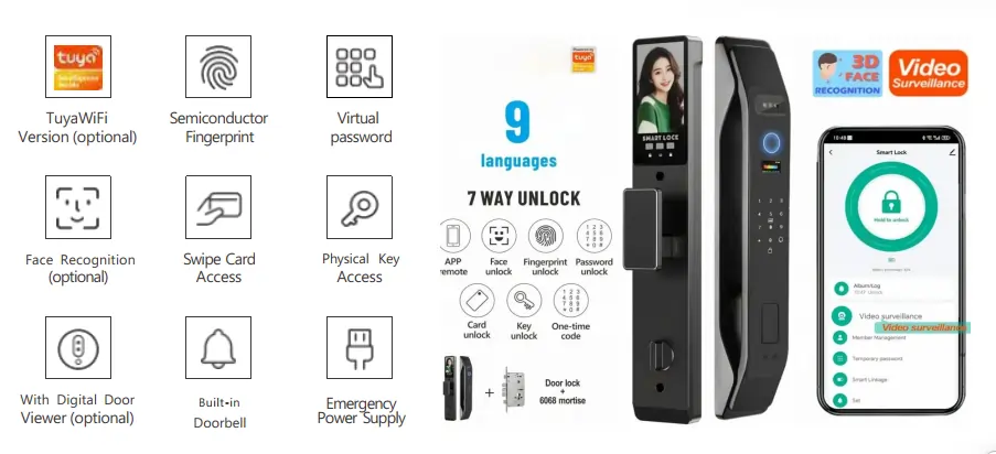Serrure intelligente F005 Tuya WiFi avec reconnaissance faciale 3D, 7 modes déverrouillage, vidéosurveillance, sonnette intégrée et contrôle smartphone – 9 langues