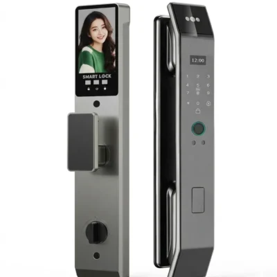 Serrure intelligente F010s bicolore argent et noir avec écran reconnaissance faciale, affichage heure 12:00, anneau lecteur empreintes turquoise et clavier numérique tactile – Smart Lock Premium