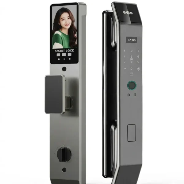 Serrure intelligente F010s bicolore argent et noir avec écran reconnaissance faciale, affichage heure 12:00, anneau lecteur empreintes turquoise et clavier numérique tactile – Smart Lock Premium