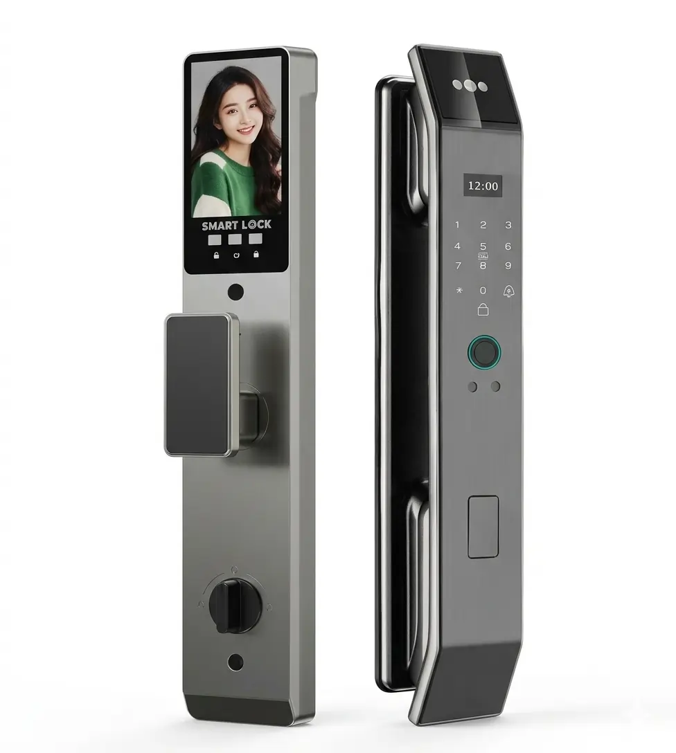 Serrure intelligente F010s bicolore argent et noir avec écran reconnaissance faciale, affichage heure 12:00, anneau lecteur empreintes turquoise et clavier numérique tactile – Smart Lock Premium