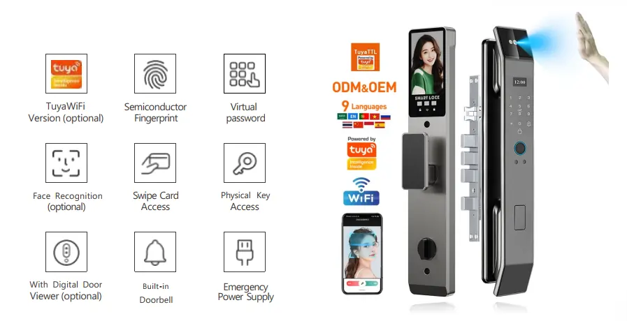 Serrure intelligente F010s Tuya TTL WiFi ODM OEM avec reconnaissance faciale, Palm Vein sans contact, visiophone, sonnette intégrée et contrôle smartphone – 9 langues