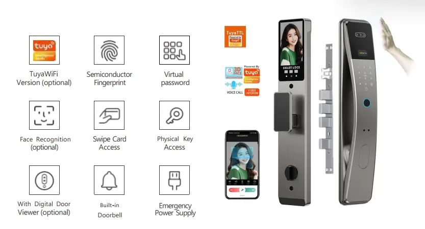 Serrure intelligente F012s Tuya WiFi avec reconnaissance faciale 3D, visiophone intégré, sonnette, empreinte digitale et contrôle smartphone – Smart Lock connectée