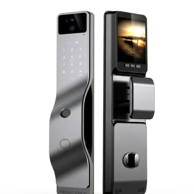Serrure intelligente F016 premium design vague argent/noir avec double caméra reconnaissance faciale, écran couleur visiophone intégré, clavier tactile et double lecteur empreintes – Smart Lock Haut de Gamme