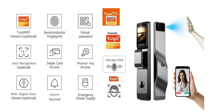 Serrure intelligente F016 Tuya TTL WiFi avec double caméra, Palm Vein sans contact, écran visiophone, communication vocale bidirectionnelle et contrôle smartphone – Smart Lock Premium Connectée