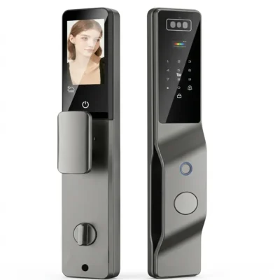 Serrure intelligente F016D gris anthracite avec écran reconnaissance faciale, triple capteur frontal, anneau lecteur empreintes bleu, clavier numérique tactile et grand lecteur empreintes – Smart Lock Design Premium
