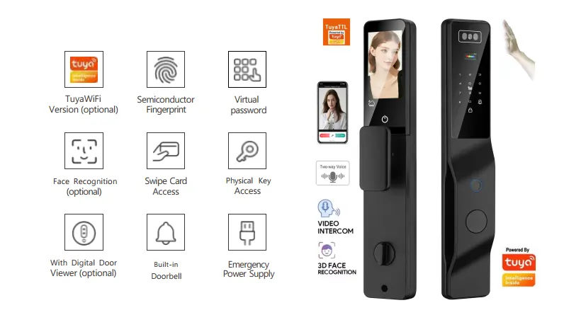 Serrure intelligente F016D Tuya TTL noire avec reconnaissance faciale 3D, Palm Vein sans contact, video intercom, communication vocale bidirectionnelle et contrôle smartphone – Smart Lock Connectée Premium