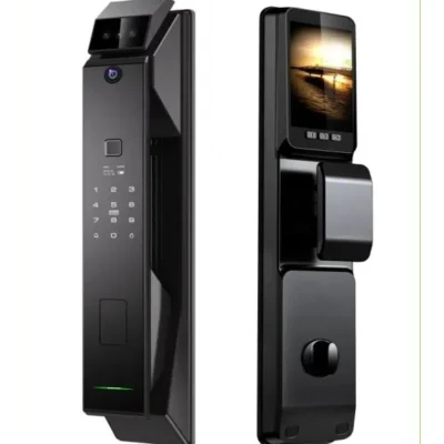 Serrure intelligente F017 noire premium avec double caméra grand angle et infrarouge, écran couleur visiophone intégré, clavier numérique tactile et double lecteur empreintes – Smart Lock Haute Sécurité