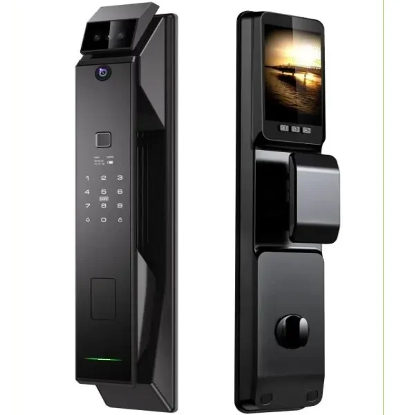 Serrure intelligente F017 noire premium avec double caméra grand angle et infrarouge, écran couleur visiophone intégré, clavier numérique tactile et double lecteur empreintes – Smart Lock Haute Sécurité