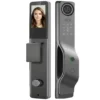 Serrure intelligente F025 gris anthracite avec écran reconnaissance faciale, module caméra circulaire double objectif, affichage heure 12:00, anneau LED vert, clavier numérique et double lecteur empreintes – Smart Lock Design Vague Premium