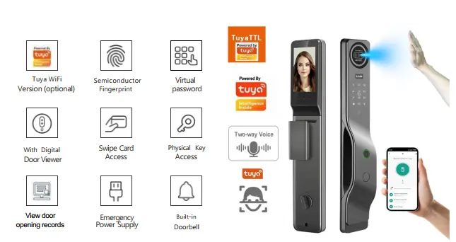 Serrure intelligente F025 Tuya TTL avec reconnaissance faciale, Palm Vein sans contact, Two-way Voice, visiophone numérique, historique ouvertures et contrôle smartphone – Smart Lock Connectée Premium