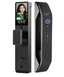 Serrure de porte connectée noire F005 avec écran LCD, reconnaissance faciale, lecteur d'empreintes et clavier numérique.