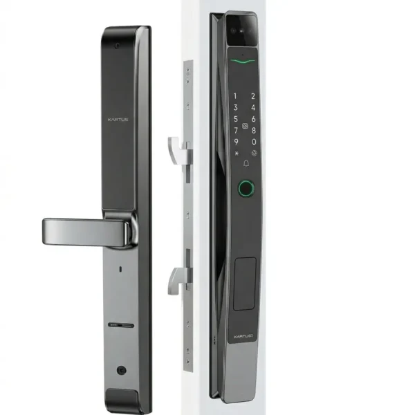 Serrure connectée KARTUS haut de gamme avec poignée ergonomique, lecteur d'empreinte digitale circulaire et clavier numérique tactile.