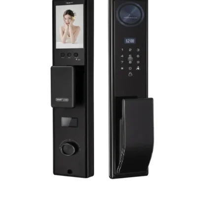 Serrure intelligente noire premium grand écran reconnaissance faciale, module circulaire bleu en tête, affichage heure 12:00, poignée ergonomique courbée, clavier tactile et lecteur empreintes intégré – Smart Lock Design Luxe