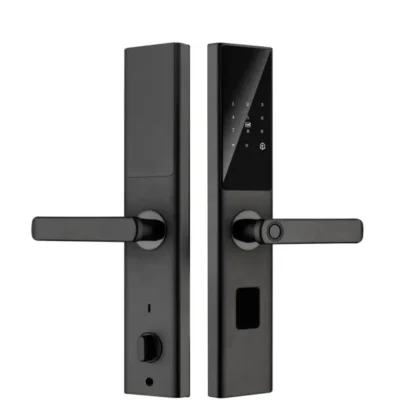 Serrure semi-automatique S002 noire avec clavier tactile écran, poignée horizontale design, lecteur empreintes et œil de porte – Smart Lock Minimaliste
