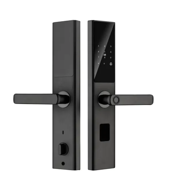 Serrure semi-automatique S002 noire avec clavier tactile écran, poignée horizontale design, lecteur empreintes et œil de porte – Smart Lock Minimaliste