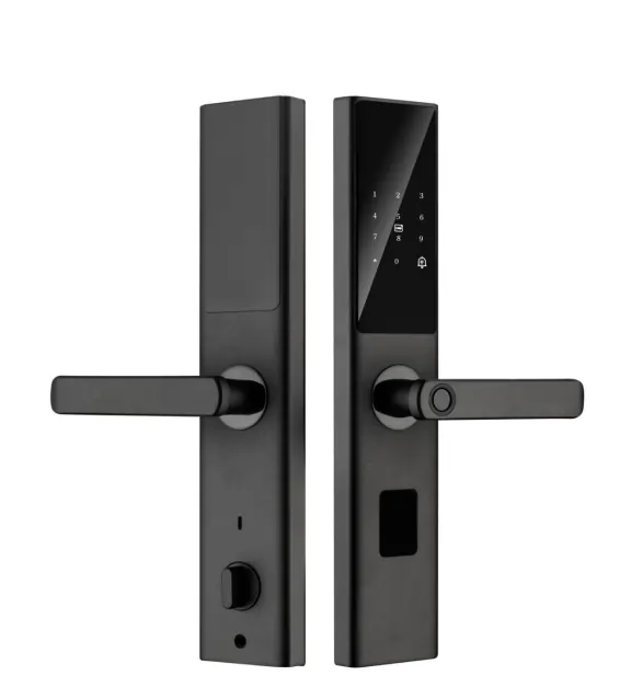 Serrure semi-automatique S002 noire avec clavier tactile écran, poignée horizontale design, lecteur empreintes et œil de porte – Smart Lock Minimaliste