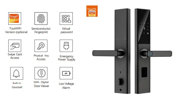 Serrure semi-automatique S002 Tuya TTL noire avec clavier tactile écran, empreinte semiconducteur, sonnette intégrée, alarme basse tension, visiophone numérique et contrôle smartphone WiFi