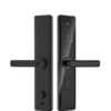 Serrure semi-automatique S003 noire avec clavier tactile barre multicolore, anneau lecteur empreintes bleu, poignée horizontale fine et grand lecteur empreintes – Smart Lock Design Ultra-Slim