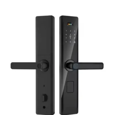 Serrure semi-automatique S003 noire avec clavier tactile barre multicolore, anneau lecteur empreintes bleu, poignée horizontale fine et grand lecteur empreintes – Smart Lock Design Ultra-Slim