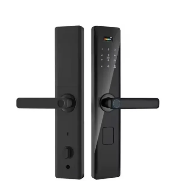 Serrure semi-automatique S003 noire avec clavier tactile barre multicolore, anneau lecteur empreintes bleu, poignée horizontale fine et grand lecteur empreintes – Smart Lock Design Ultra-Slim