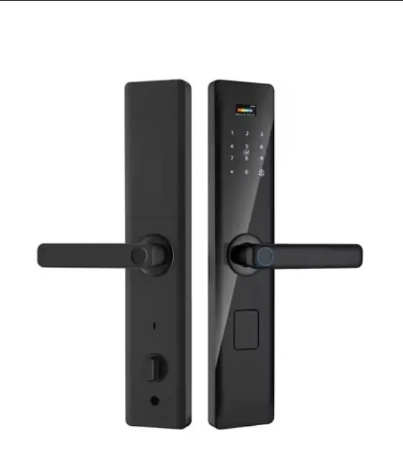 Serrure semi-automatique S003 noire avec clavier tactile barre multicolore, anneau lecteur empreintes bleu, poignée horizontale fine et grand lecteur empreintes – Smart Lock Design Ultra-Slim