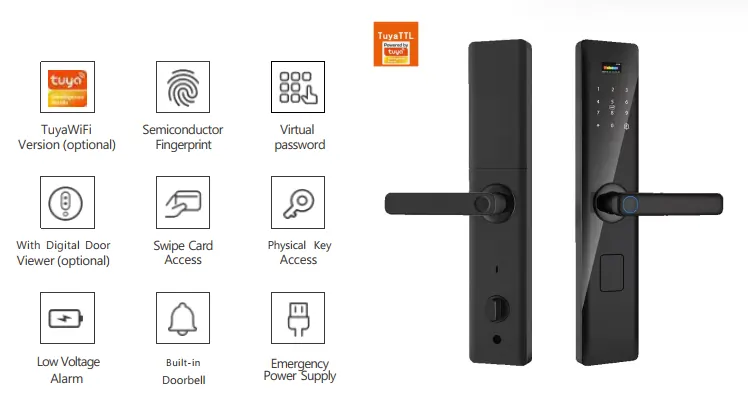 Serrure semi-automatique S003 Tuya TTL noire ultra-slim avec empreinte semiconducteur, sonnette intégrée, alarme basse tension, visiophone numérique, alimentation secours et contrôle smartphone WiFi
