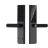 Serrure semi-automatique S018 noire épurée avec clavier numérique tactile, anneau lecteur empreintes LED bleu et poignée horizontale arrondie – Smart Lock Design Minimaliste Premium