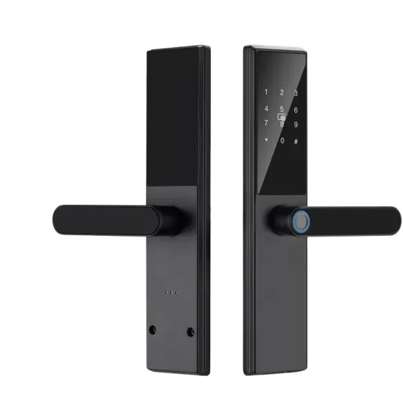 Serrure semi-automatique S018 noire épurée avec clavier numérique tactile, anneau lecteur empreintes LED bleu et poignée horizontale arrondie – Smart Lock Design Minimaliste Premium