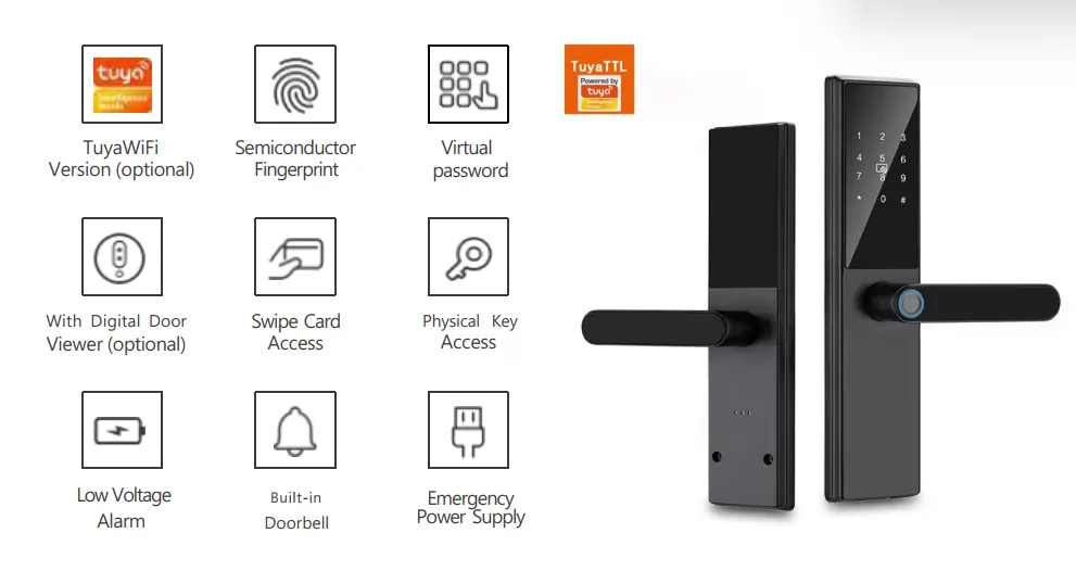 Serrure semi-automatique S004 Tuya TTL noire avec empreinte semiconducteur, anneau LED bleu, sonnette intégrée, alarme basse tension, visiophone numérique et contrôle WiFi smartphone
