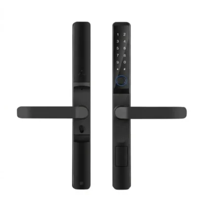 Serrure semi-automatique S026 noire cylindrique avec clavier tactile compact, anneau lecteur empreintes LED bleu, poignée horizontale fine et grand lecteur empreintes bas – Smart Lock Design Tubulaire Minimaliste