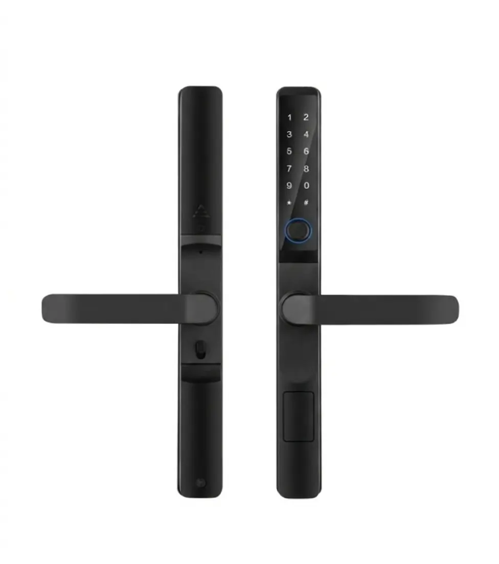 Serrure semi-automatique S026 noire cylindrique avec clavier tactile compact, anneau lecteur empreintes LED bleu, poignée horizontale fine et grand lecteur empreintes bas – Smart Lock Design Tubulaire Minimaliste