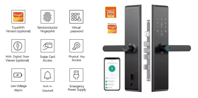 Serrure connectée Tuya avec mécanisme à pênes multiples, alarme de batterie faible et alimentation de secours USB.