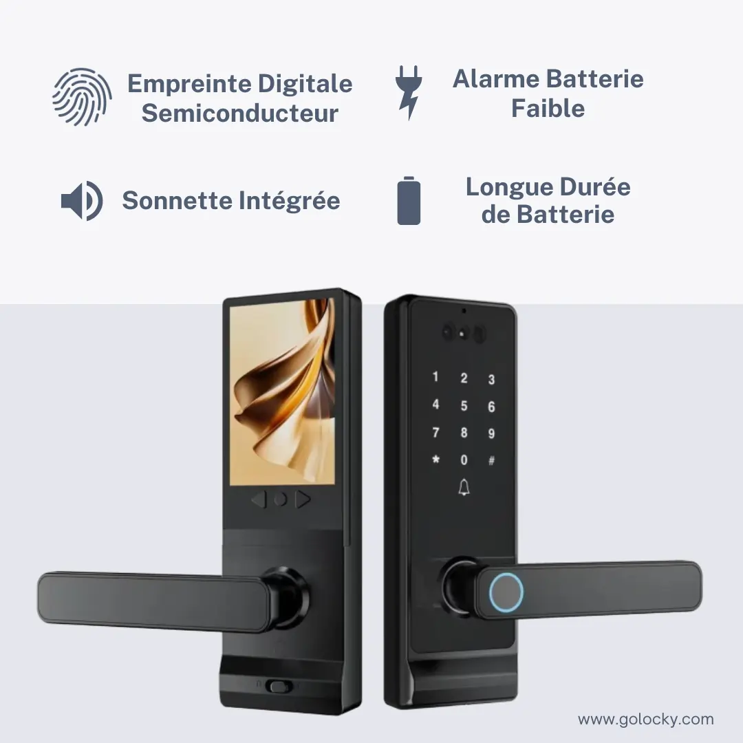 Serrure intelligente GoLocky avec écran couleur tactile, lecteur d'empreinte digitale semiconducteur, pavé numérique et sonnette intégrée, finition noire premium — www.golocky.com