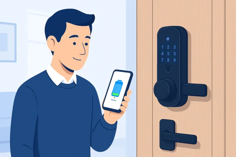 Serrure connectée sur porte illustrant autonomie serrure connectée et batterie longue durée