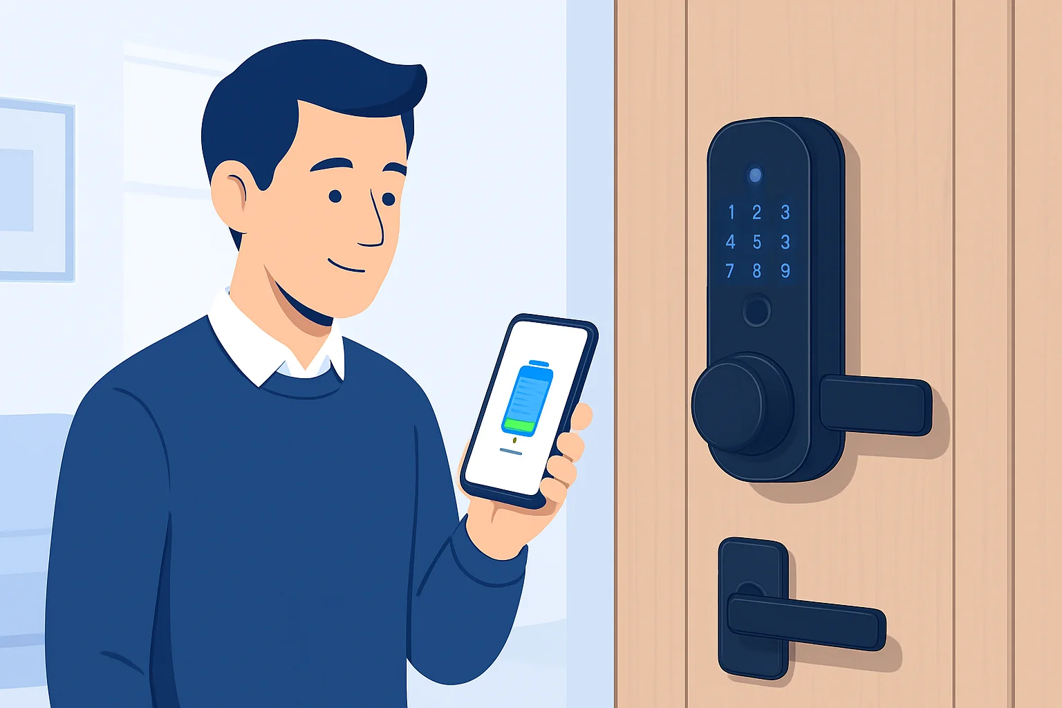 Serrure connectée sur porte illustrant autonomie serrure connectée et batterie longue durée