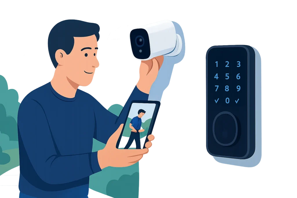 Caméra sans abonnement installée sur un mur extérieur surveillant un jardin et une allée
