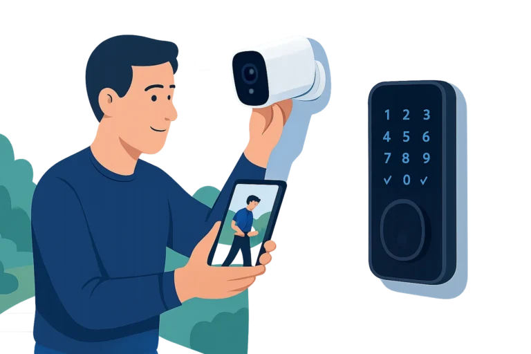 Caméra sans abonnement installée sur un mur extérieur surveillant un jardin et une allée