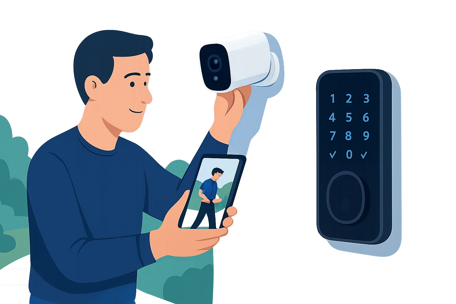 Caméra sans abonnement installée sur un mur extérieur surveillant un jardin et une allée