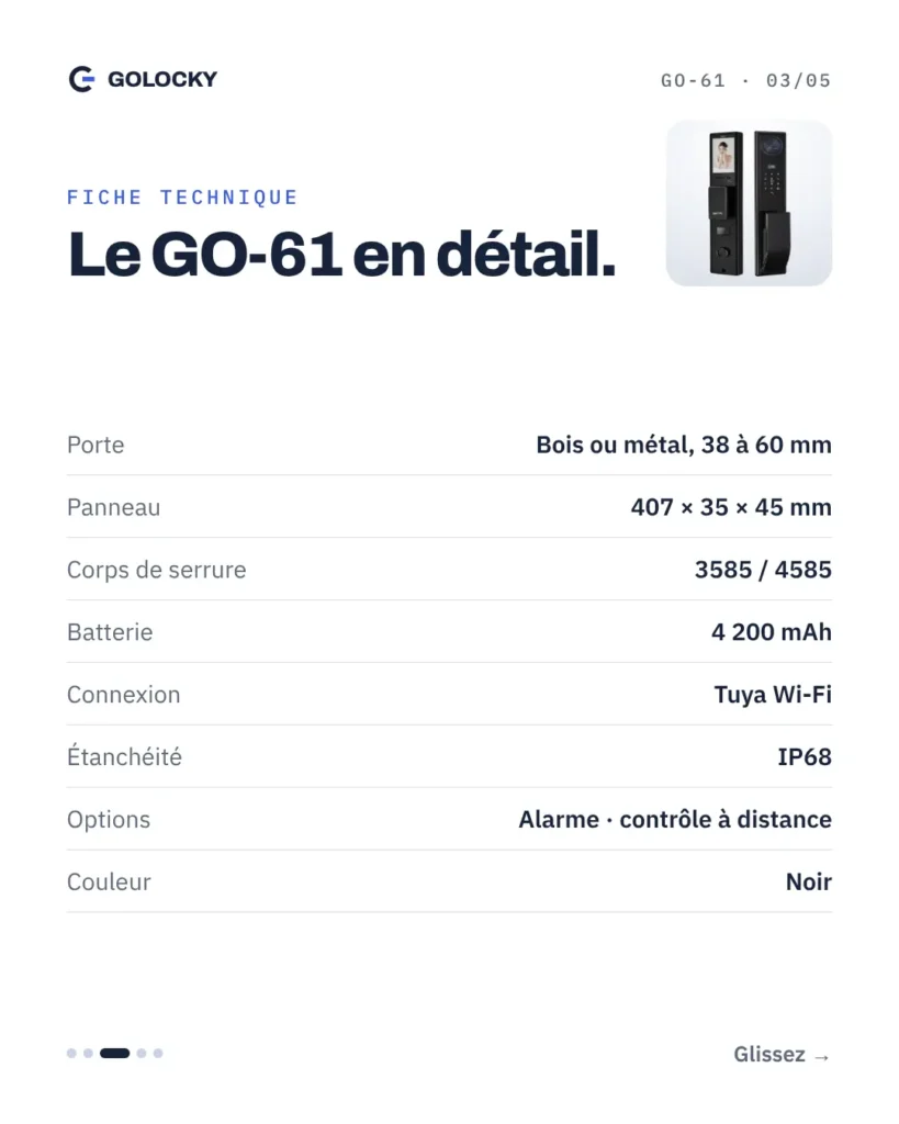 Fiche technique de la serrure connectée GoLocky GO-61 : porte bois ou métal, 38 à 60 mm, panneau 407 × 35 × 45 mm, corps de serrure 3585 / 4585